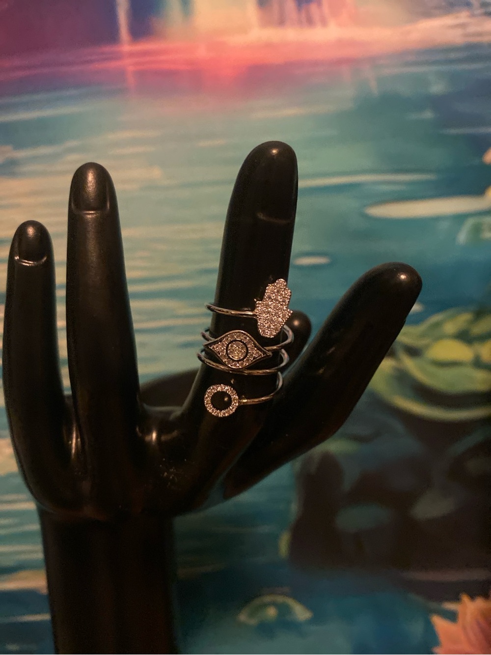 Silver Hamsa & Evil Eye Stackable Ring - Silver Tone